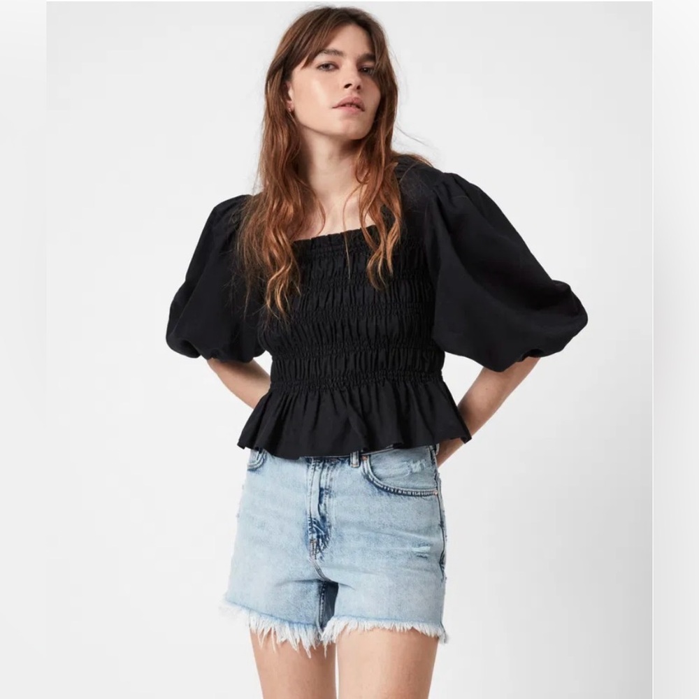 All Saints Livi Smocked Puff Sleeve Linen Top, Size 8